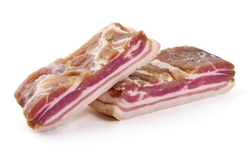 Smoked bacon. Streaky brisket slices, isolated on white background.