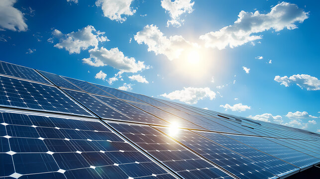 An array of solar panels installed on a rooftop under bright sunlight, symbolizing the benefits of renewable energy sources and green energy. Solar Radiance. Illustration