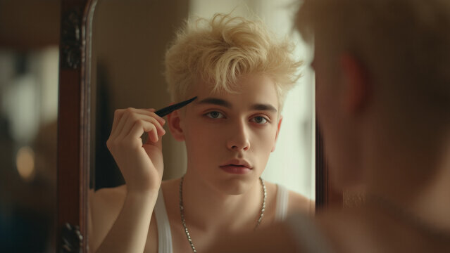 A young man with short blond hair is applying eyebrow makeup while looking into a mirror in a softly lit room.
