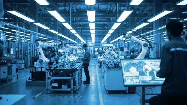Modern high-tech factory with men operating robotic arms in futuristic blue-lit manufacturing facility. Industry 4.0 production line with automated assembly and control systems.