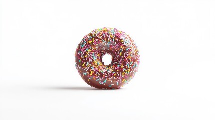 Chocolate-frosted donut with colorful sprinkles, isolated on white. Ideal for dessert, bakery, or sweet treat visuals.