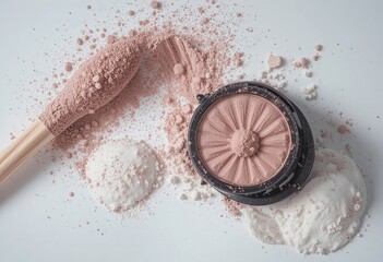 Makeup Powder Brush and Compact on White Background Beauty Still Life