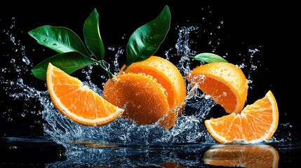 Water splashing on fresh oranges and orange slices with green leaves against a dark background showcasing vibrant colors