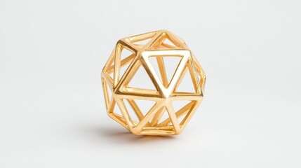 A gold geometric sculpture with a complex, interconnected design.