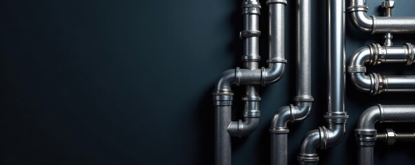 Rows of polished silver pipes on a black wall , pipes, wall texture