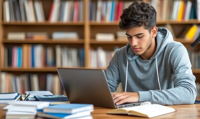 Focused Student Studying on Laptop in Library
