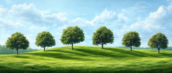 Serene Green Hill with Five Majestic Trees Under a Blue Sky