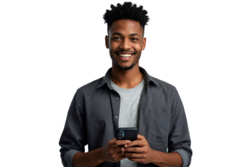 Smiling young man holding a mobile phone, isolated on transparent background