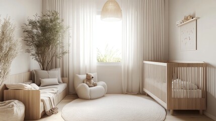 Serene Nursery Design: Minimalist Baby Room Decor with Natural Wood