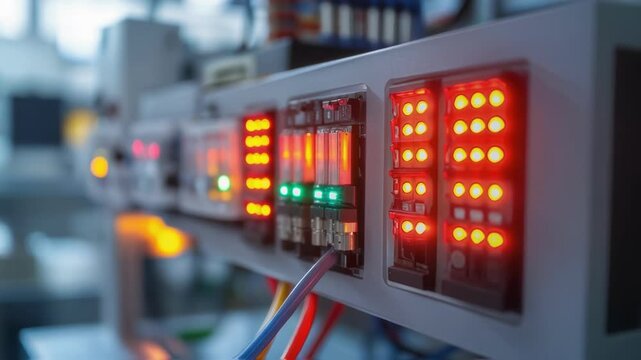 Electrical control panel with multiple red and green lights illuminates an innovative industrial production process, enhancing efficiency and monitoring operations