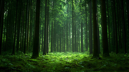 Obraz premium Dense Green Forest With Tall Trees And Sunbeams Through The Canopy