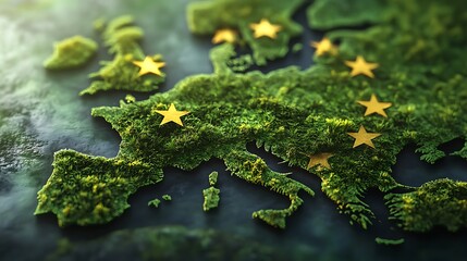 European Union map with green vegetation texture and yellow stars symbolizing eco-sustainability