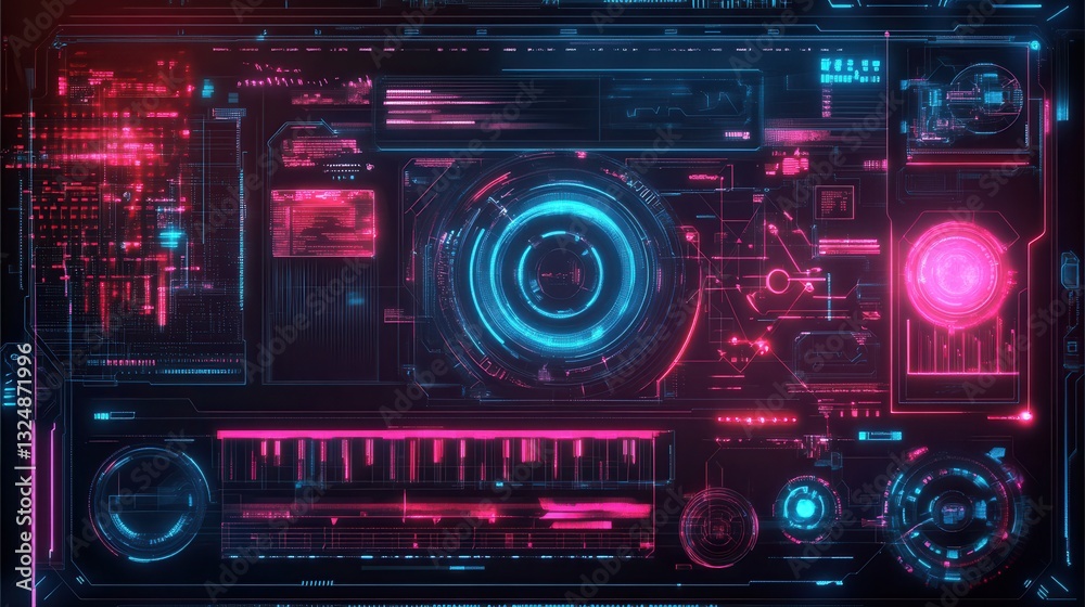 Poster Futuristic cyberpunk design featuring glitch effects with vibrant neon typography and advanced digital overlays for tech-inspired graphics