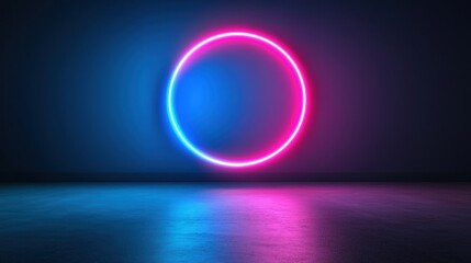 A neon pink and blue circle is centered on a dark blue wall.