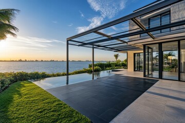 A modern architectural masterpiece, this photo features a large patio with a clear glass roof and a dark slate infinity pool, set against the backdrop of Florida's azure waters