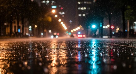 Rain Falling on City Street at Night with Light Reflections