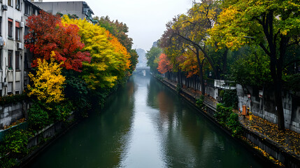 Naklejka premium Canal View Lined With Colorful Autumn Trees Reflecting In Still Water Under Overcast Sky
