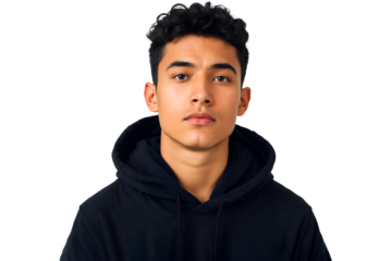 Handsome man wearing black hoodie, isolated on transparent background
