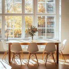 Obraz premium Bright dining room with wooden table and chairs by window