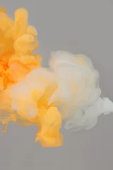 Fotobehang Abstract soft focus blur smoke background. Ink colors blot in water. Yellow, pink, white, gray pastel neon tone. © Liliia