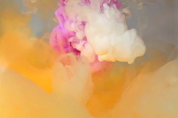 Fotobehang Abstract soft focus blur smoke background. Ink colors blot in water. Yellow, pink, white, beige pastel neon tone. © Liliia