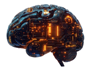 Futuristic electronic brain with glowing circuits, isolated on transparent cutout background
