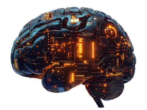 Futuristic electronic brain with glowing circuits, isolated on transparent cutout background