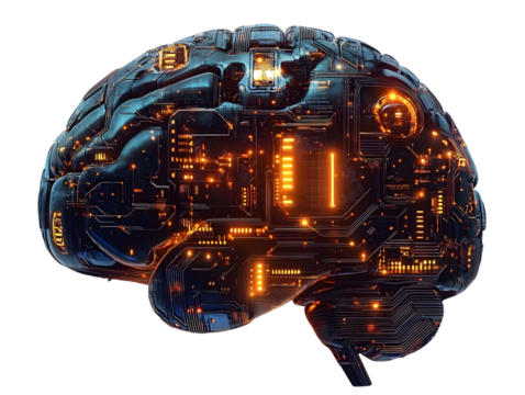 Futuristic electronic brain with glowing circuits, isolated on transparent cutout background