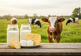 Fototapeta premium A village table with milk and cheese, a cow next to it, and behind it a green field with grazing herds under a blue sky