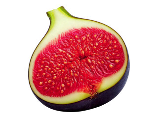 A vibrant half of a ripe fig, showcasing its rich red interior and numerous seeds.  Perfect for culinary blogs, food packaging, or health  wellness publications.