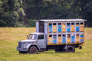 A beehive truck in the field