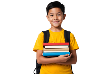 Portrait of a young schoolboy carrying school books, isolated on a transparent background
