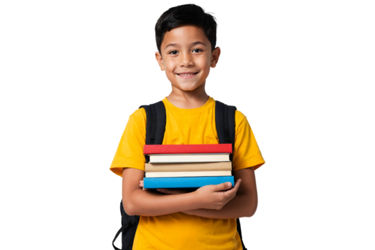 Portrait of a young schoolboy carrying school books, isolated on a transparent background
