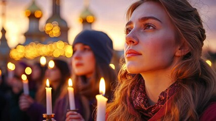 orthodox easter candlelight procession with believers holding candles in front of a church at sunset, faith and spirituality in religious celebration