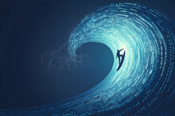 Riding Data Wave Silhouette of Person Surfing in Digital Ocean