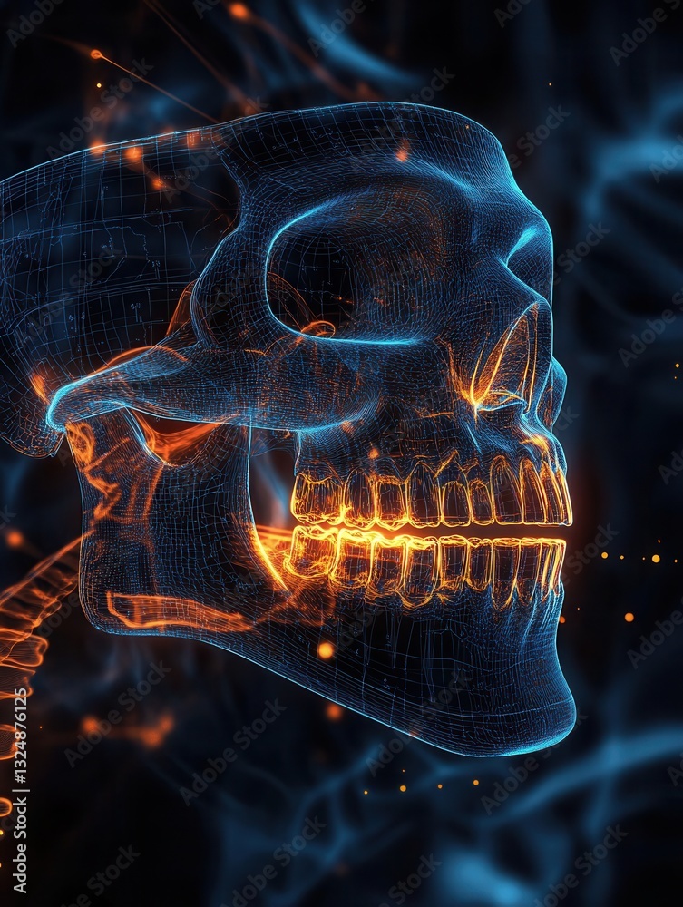 Poster detailed blueprint of a jawbone with implants showcasing glowing skeletal outlines and intricate den
