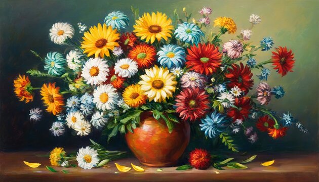 Ein bunter Blumenstrau&szlig; aus verschiedenen Bl&uuml;ten in einer rustikalen Tonvase, gemalt im klassischen Stil mit lebendigen Farben und feinen Details. Generative KI.