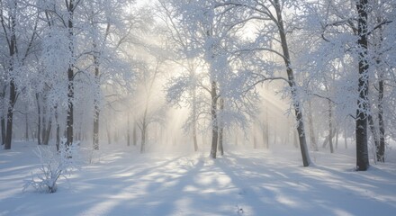 Snowy Forest Scene with Sunlight Shining Through Trees in Winter