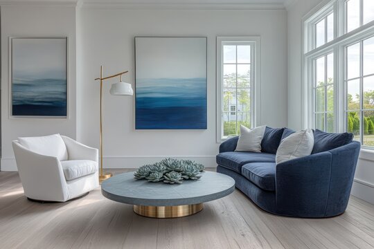 A modern living room featuring ash grey wooden flooring, pristine white walls, and natural light streaming through large windows
