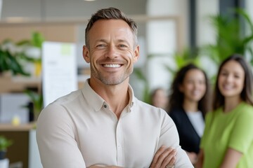 Obraz premium Leadership Confidence: A charismatic business leader, beaming with a confident smile, stands in a bright office setting, exuding approachability and inspiring his team.