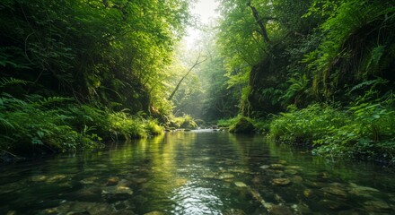 Obraz premium Crystal Clear River Flowing Through Lush Green Forest Landscape
