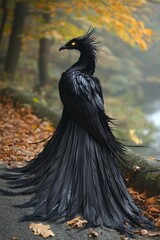 Fototapeta premium A black bird with long black feathers standing on a rock in the woods