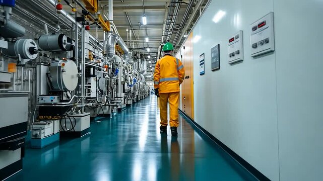 Worker in safety gear walking through a clean industrial facility with machinery along the walls