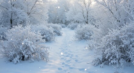Obraz premium Walking Path Through Snowy Winter Forest with Footprints and Sunlight