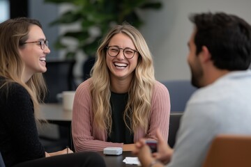 Laughing Team: A group of three colleagues engages in a lively conversation, their faces lit up with genuine smiles, and the camaraderie is palpable.