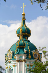 Dome of the famous Ukrainian Autocephalous Orthodox Saint Andrew's Church (Andreevskaya). Kyiv,...