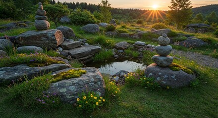 Stacked Stones on Boulder by Pond at Sunrise Serene Natural Landscape
