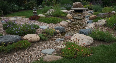Creating Serene Rock Garden with Small Stream and Colorful Groundcover Plants
