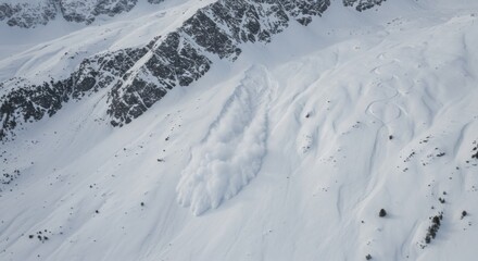 Avalanche Descending Mountain Slope in Winter Landscape Scenery and Powder Snow