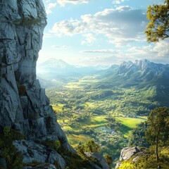 Obraz premium Mountain landscape with meadows, forest and blue sky. Nature composition.